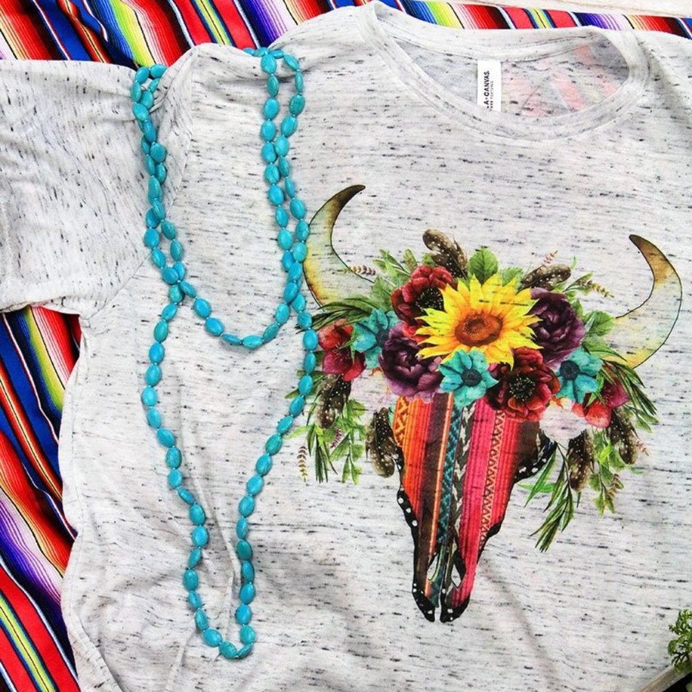 Western Serape Steer Unisex White Marble Tee